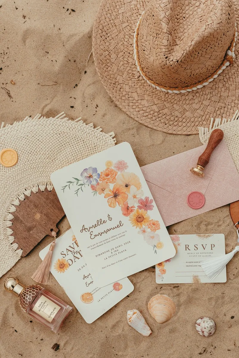 Faire-part aquarelle, cachets de cire et chapeau de paille posés sur le sable